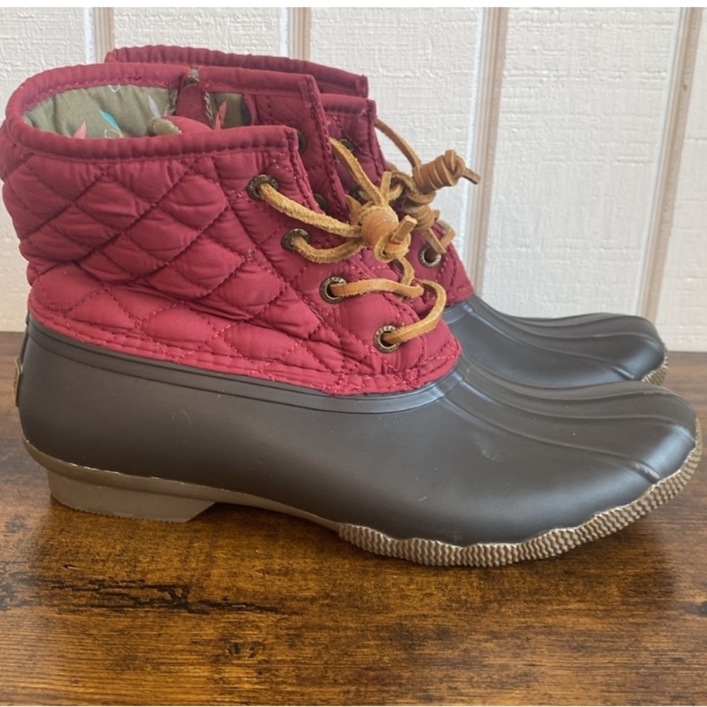 Sperry Saltwater Quilted Duck Boots Red Brown Rubber/Nylon Rain Boots Waterproof - Picture 2 of 11